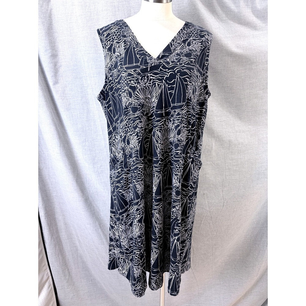 J. Jill Womens XL‎ Navy Blue White Nautical Sailboat Turtle V-Neck Pocket Dress